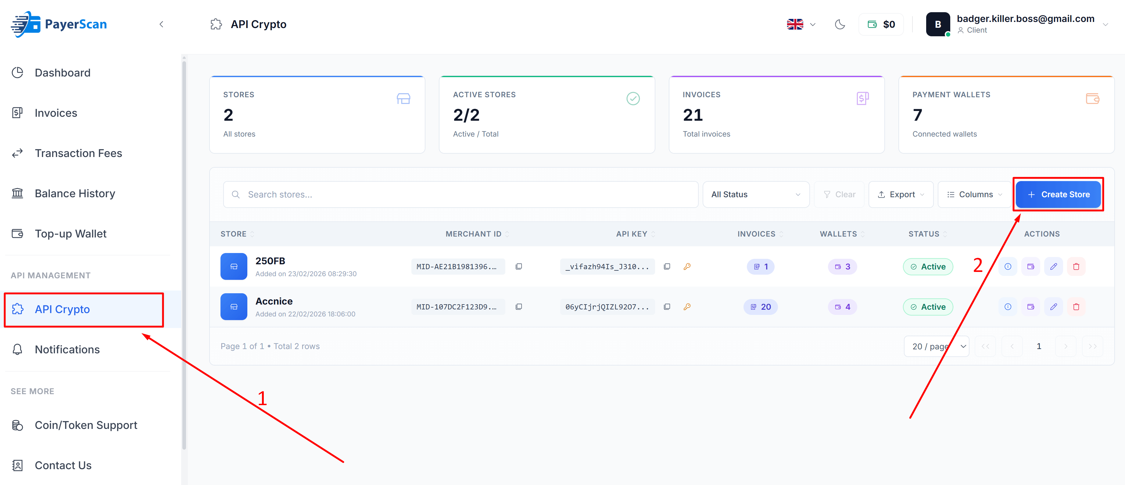 Step 1 — Open API Crypto in sidebar, then click + Create Store