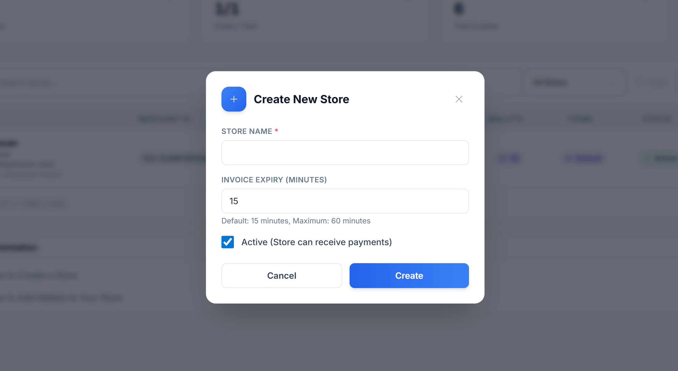 Create Store dialog