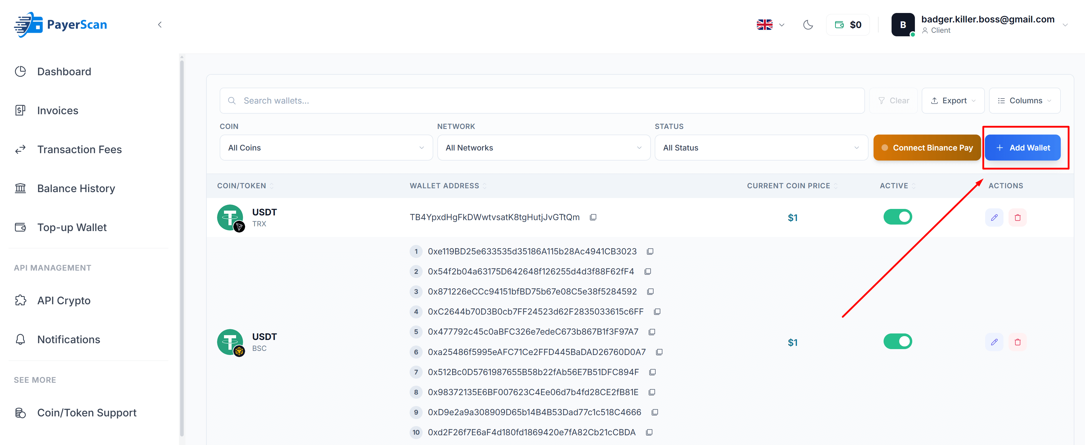 चरण 2 — + Add Wallet पर क्लिक करें
