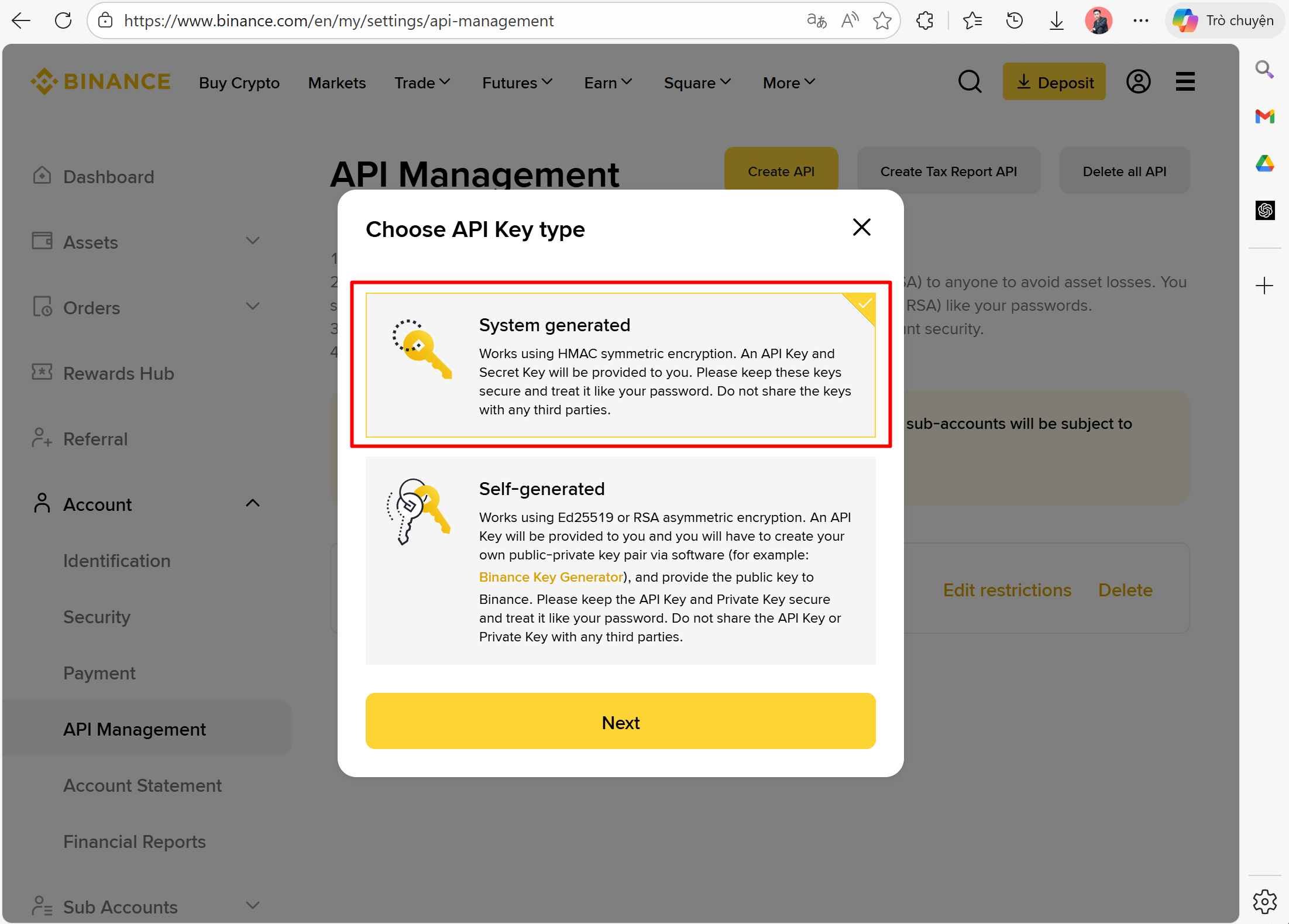 ขั้นตอนที่ 2 — เลือกประเภท API Key แบบ System generated