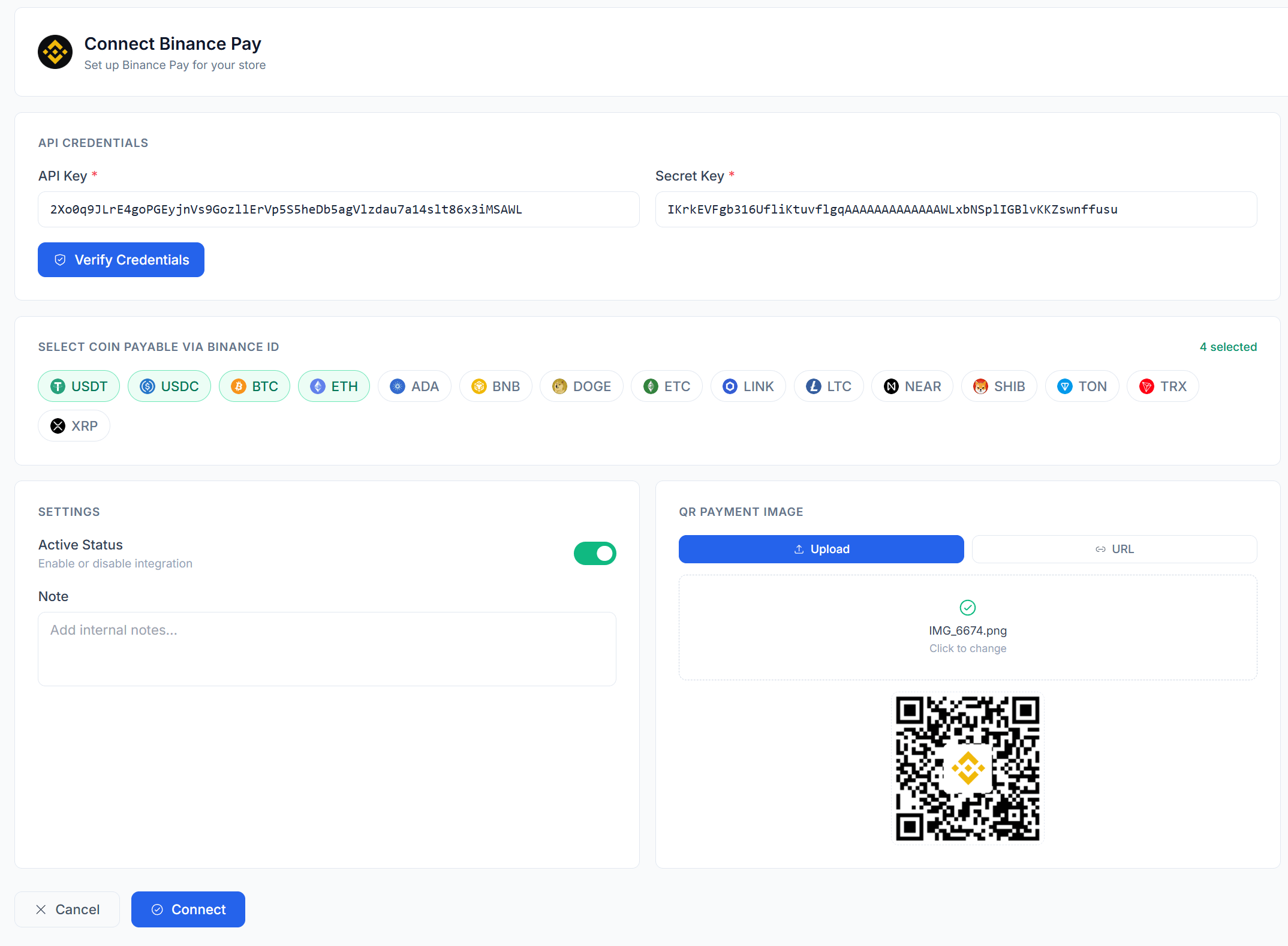 ขั้นตอนที่ 4 — กรอกข้อมูล เลือกเหรียญ แล้วคลิก Connect