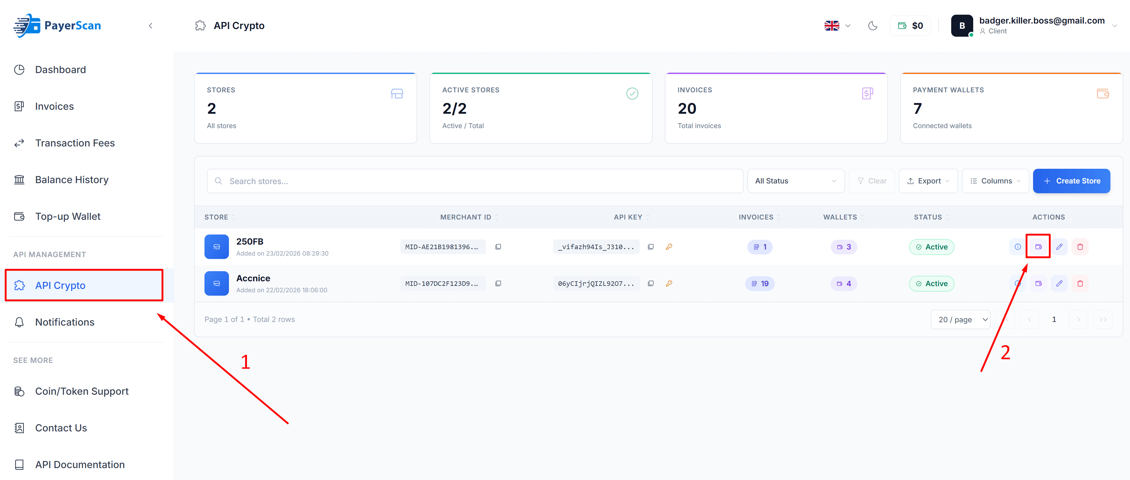 步骤 1 — 打开 API Crypto，然后点击Wallet 图标